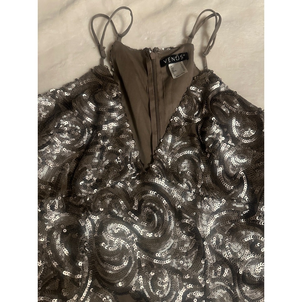 Venus Sequin Swirl Cocktail Dress Taupe Silver V-Neck Bodycon Women 14 Party - Picture 11 of 16
